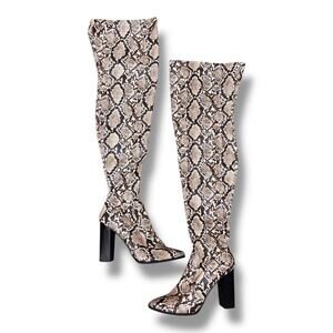 Snake Skin Thigh High Tall Boots Size 7 Block Heel Clubwear Over the Knee Grunge